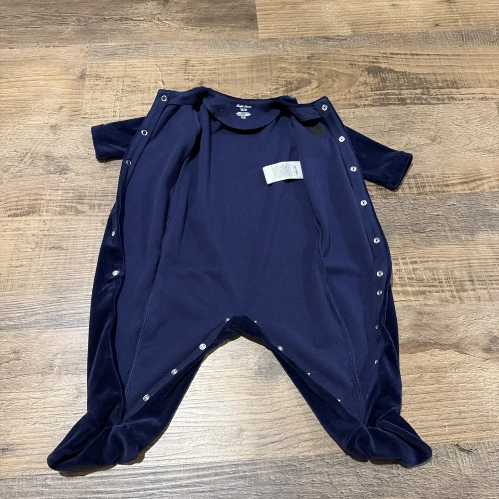Ralph Lauren Navy Velvet One Piece Baby 6M Light Blue Pony Logo Snap Closure‎
